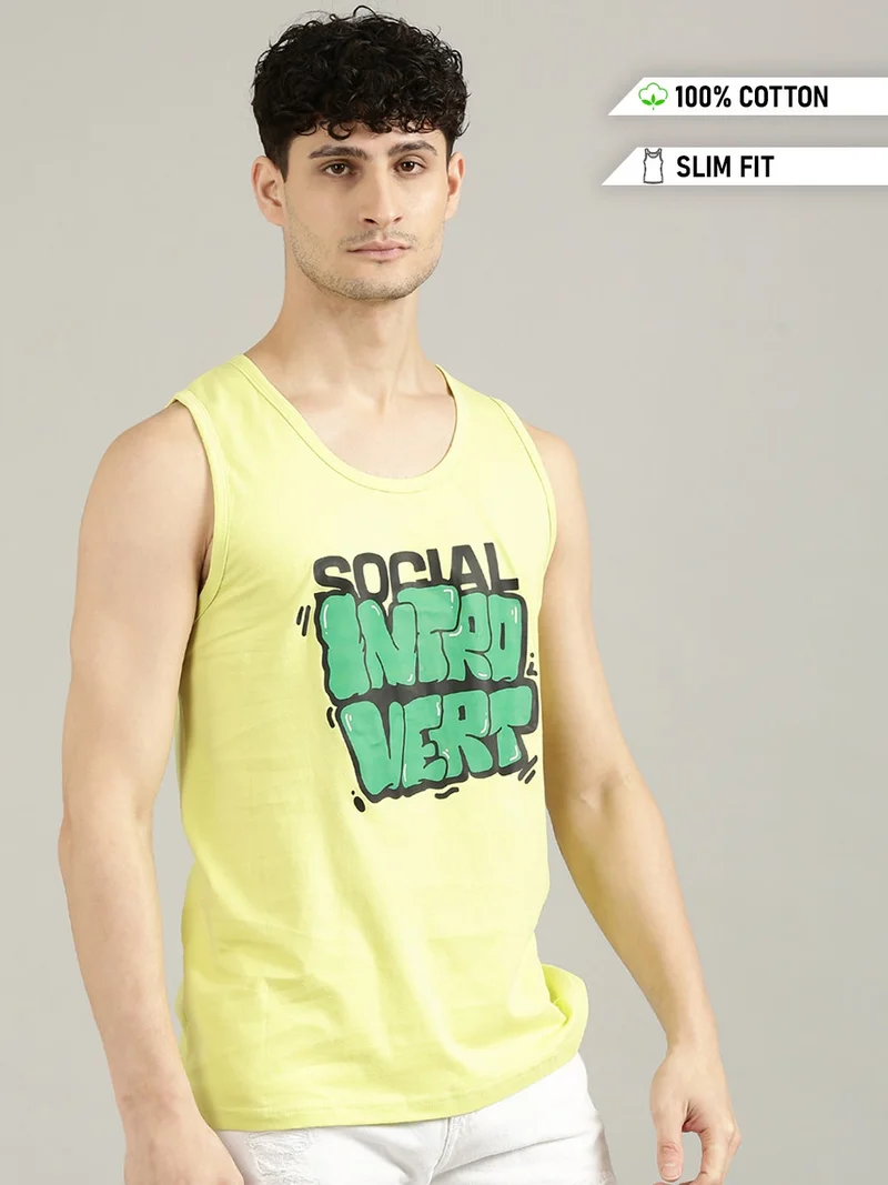 Joven Yellow Cotton Slim Fit Tank Top for Men